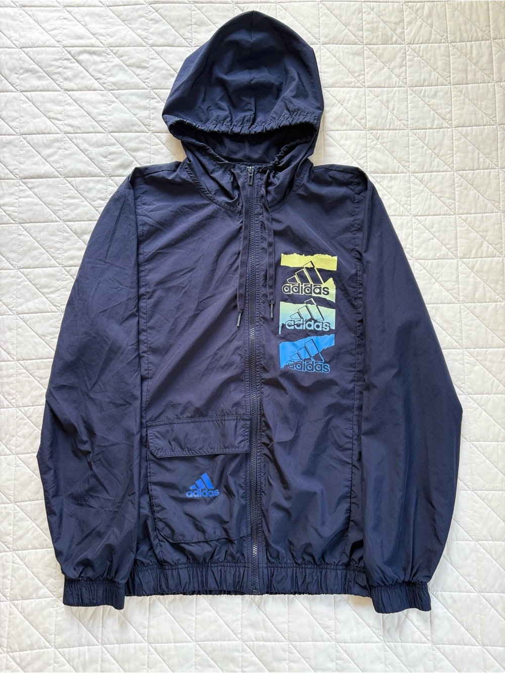 Adidas Lightweight Navy Windbreaker with Ombré Graphic & Cargo Pocket - Medium